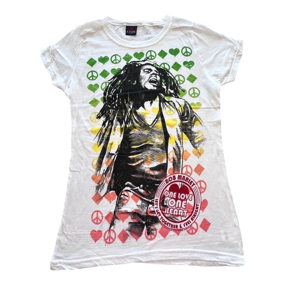 NEW Bob Marley Graphic T SHIRT LG TEE Juniors 100% Cotton One Love Feel Alright - Picture 1 of 8